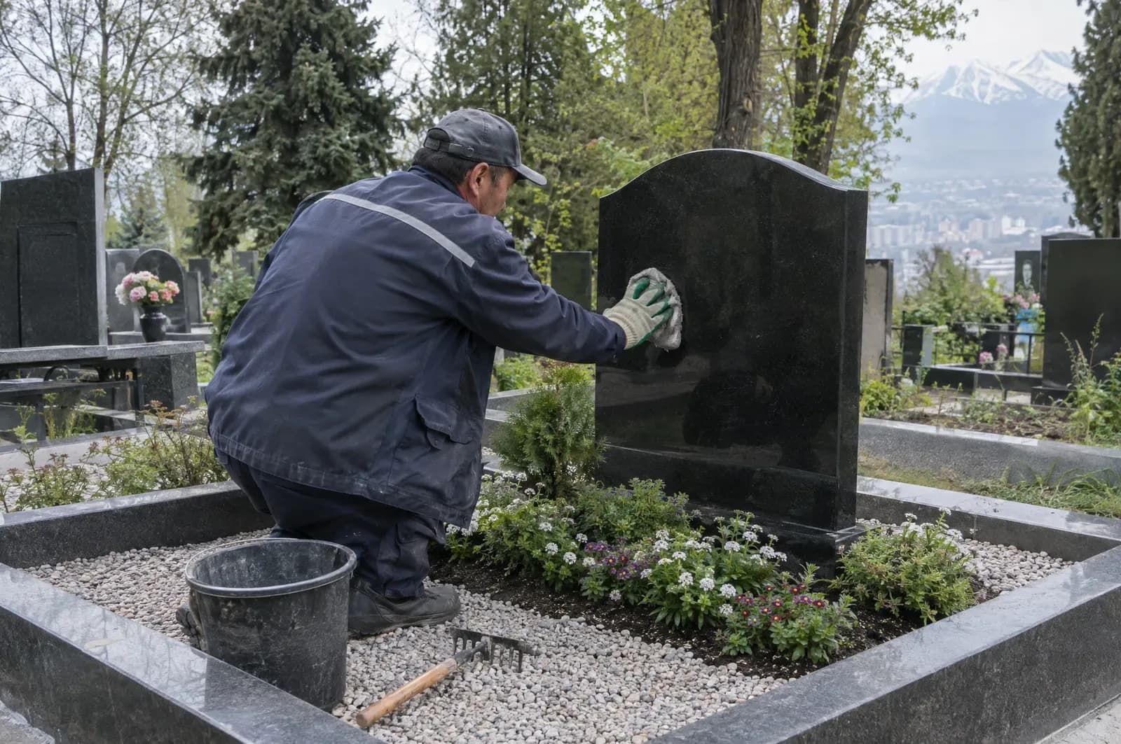 Уход за могилой: мастер протирает гранитный памятник, свежие цветы и отсыпка