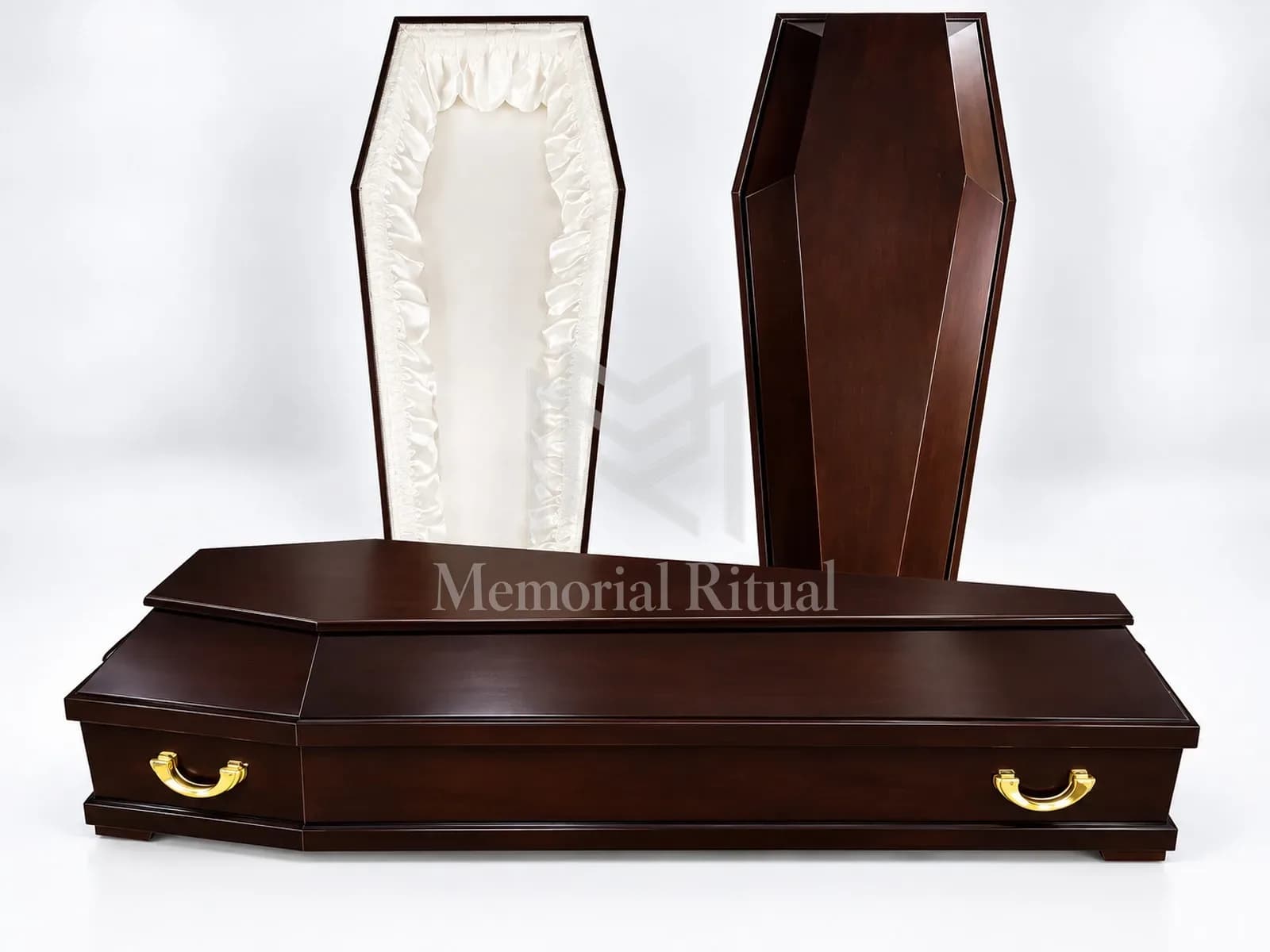 Гроб деревянный лакированный, тёмный, форма ромб — Memorial Ritual, Алматы