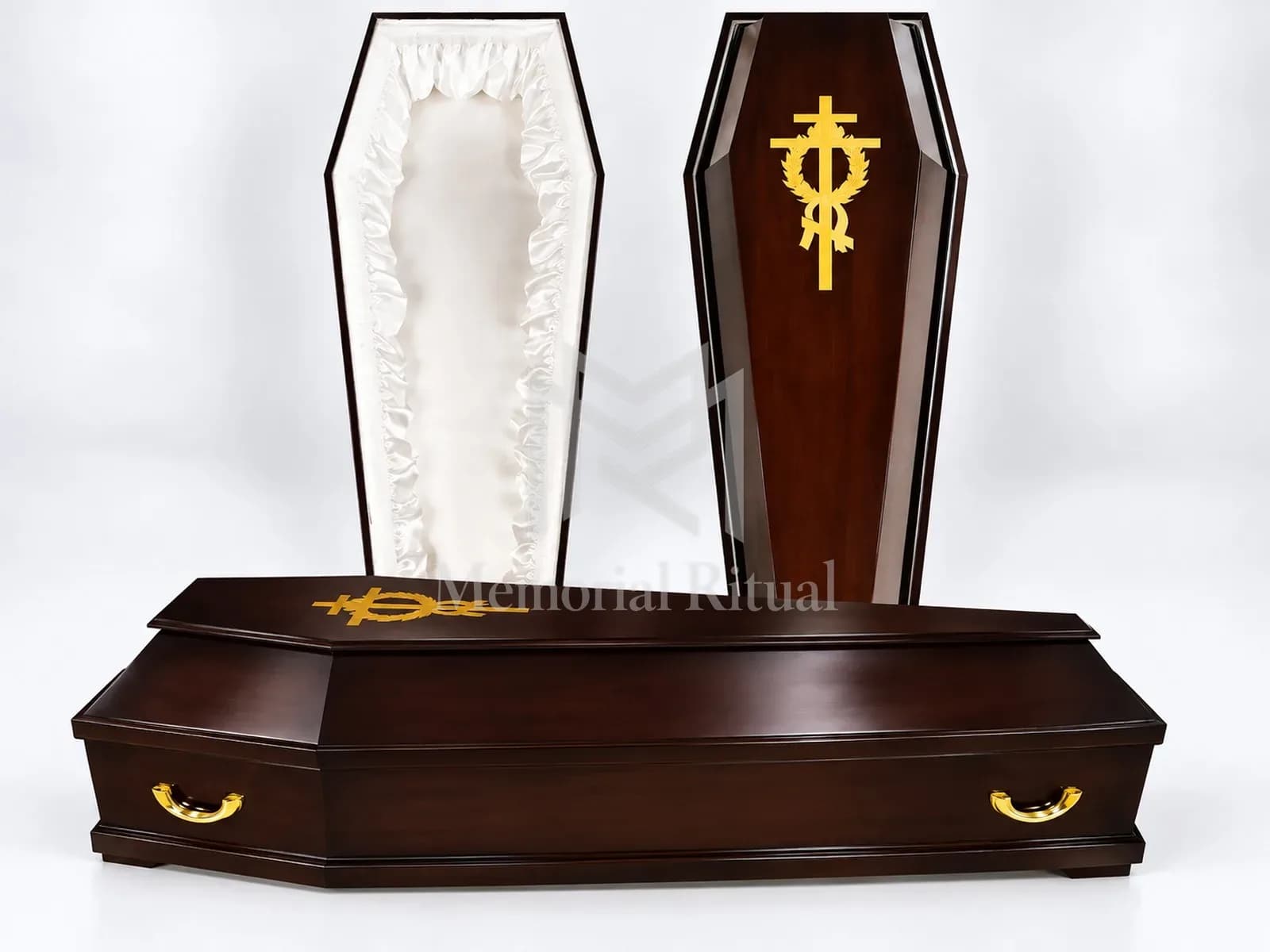 Гроб деревянный лакированный, форма ромб, с золотым крестом — Memorial Ritual, Алматы