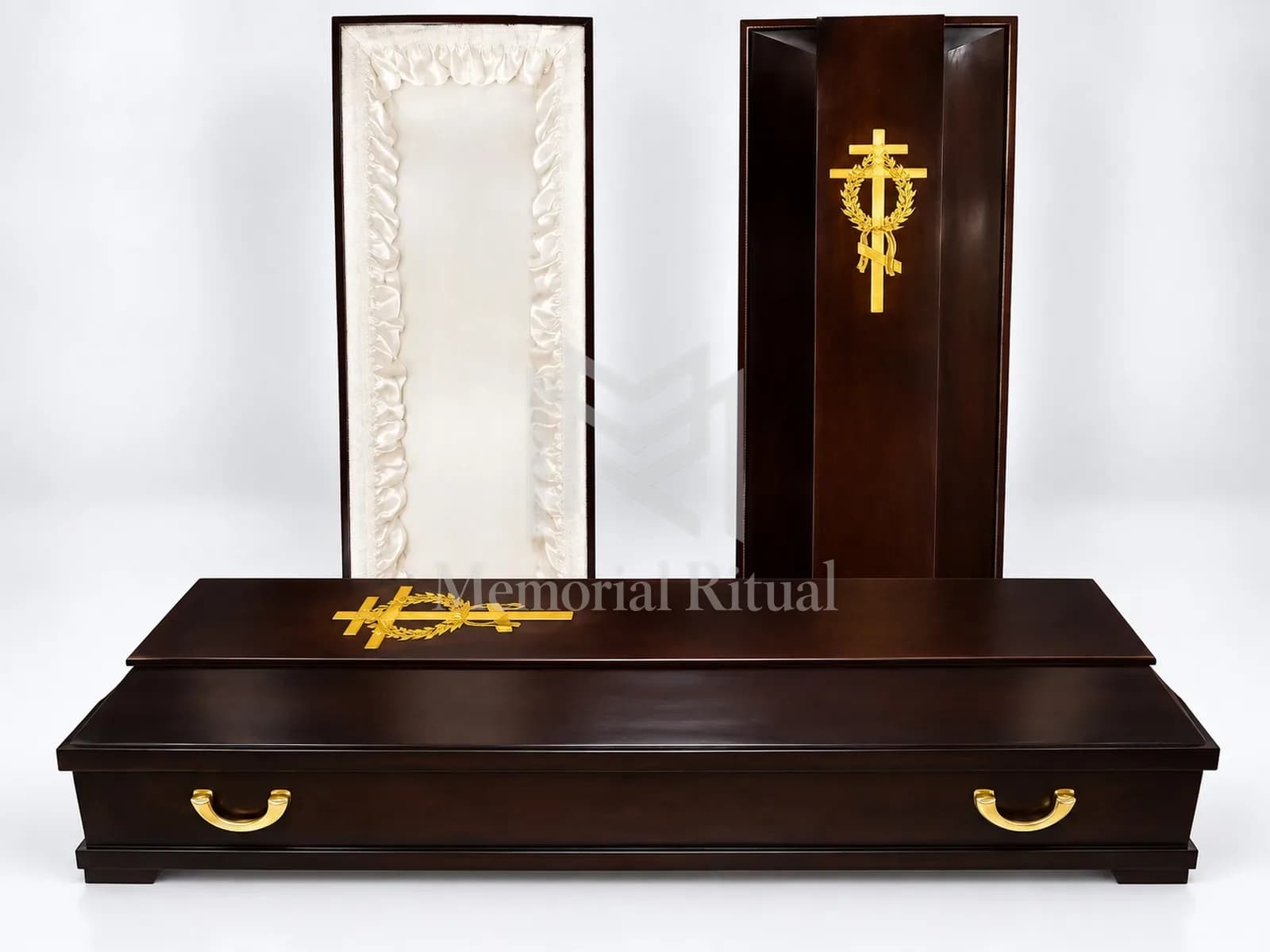 Гроб деревянный лакированный, тёмный, с золотым крестом — Memorial Ritual, Алматы