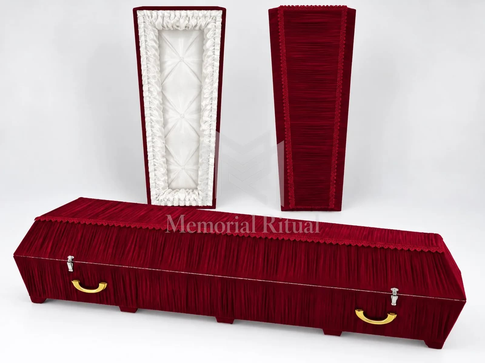 Гроб, драпированный красным велюром, с белой обивкой — Memorial Ritual, Алматы
