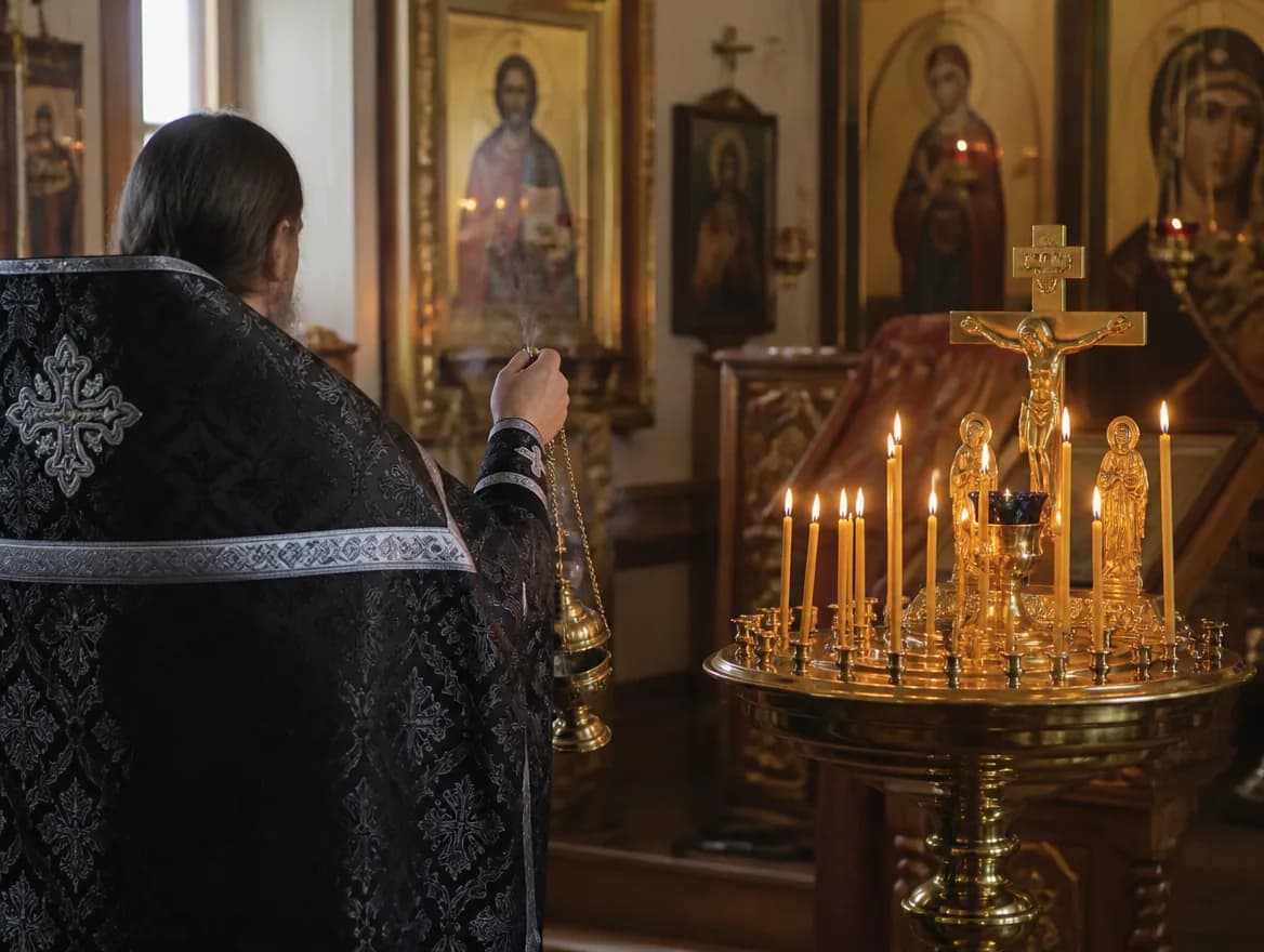 Панихида: поминальный канун со свечами и священник с кадилом — Memorial Ritual, Алматы